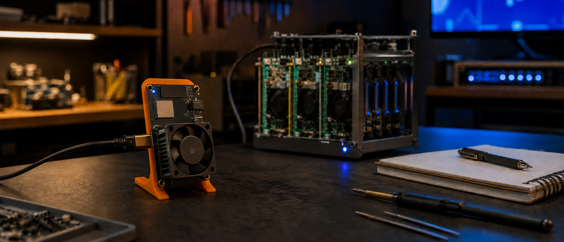 Bitaxe Community Update: A Gamma Finds Block 957,382 1 Bitaxe-style open-source Bitcoin miner on an orange stand in a home electronics workshop