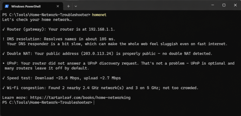 Example command-line report showing home-network checks