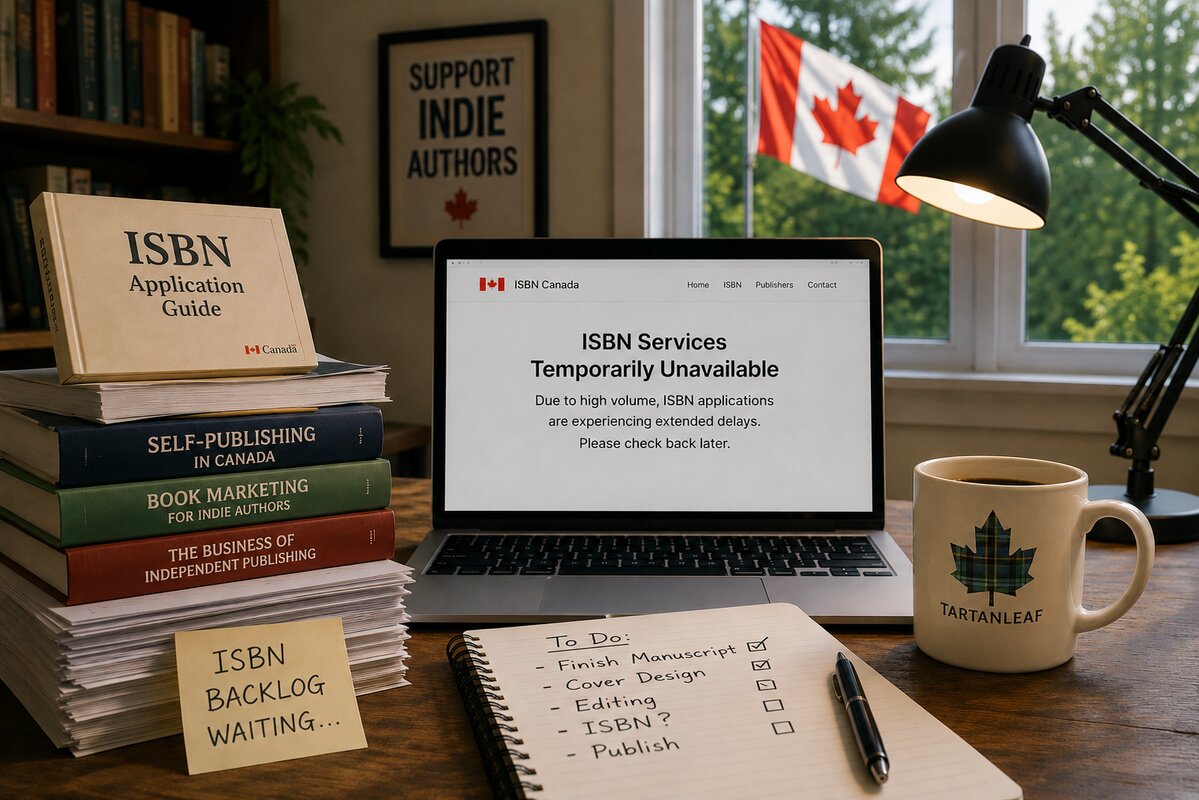 ISBN Backlog Canada: Why Indie Publishers Wait Months to Release Books 1 ISBN Backlog Canada - Desk with books, laptop showing ISBN Canada temporarily unavailable message, and a tartan leaf mug