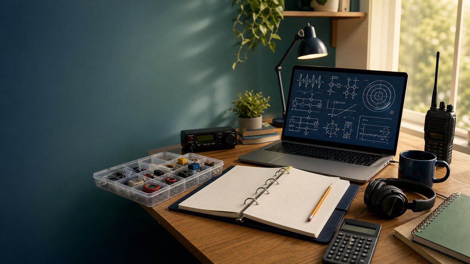 RadioBook Getting Your License Amateur-radio licence study desk with component kit, handheld radio, calculator, and blank study binder