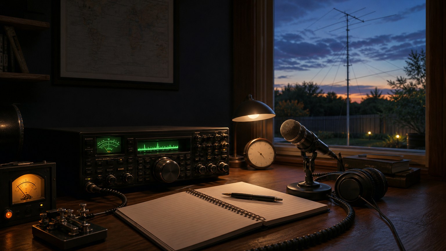 RadioBook On The Air Home amateur-radio station prepared for an on-air contact at twilight