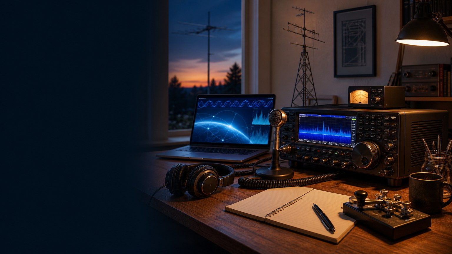 Complete amateur-radio learning station with transceiver, microphone, Morse key, notebook, and interactive radio graphics