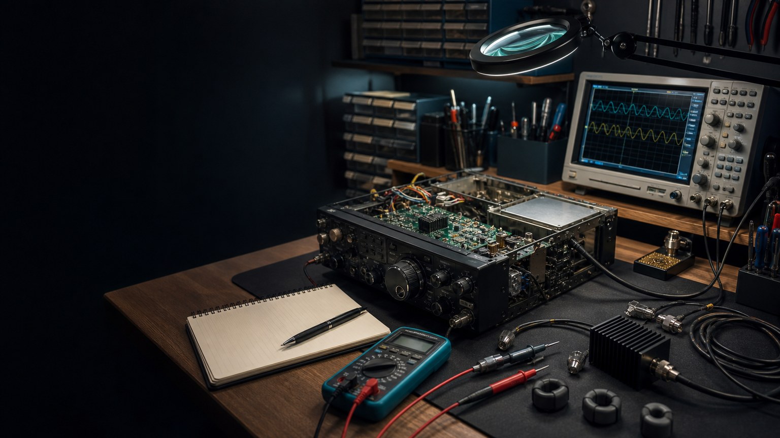 RadioBook Troubleshooting and Interference Amateur-radio troubleshooting bench with test equipment, coax connectors, ferrites, and an open transceiver