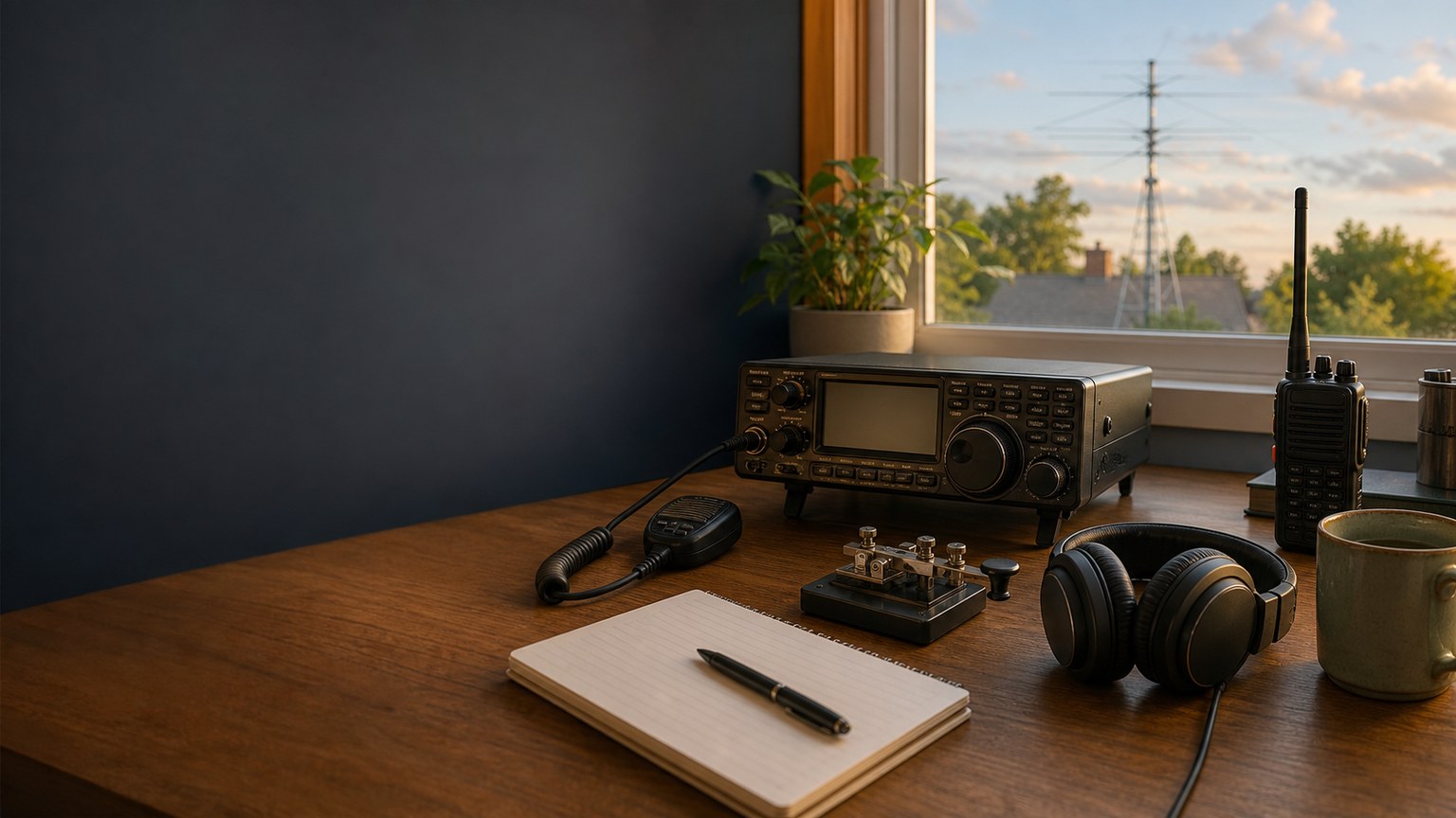 RadioBook Welcome to Amateur Radio Welcoming beginner amateur-radio station with transceiver, handheld radio, headphones, and notebook
