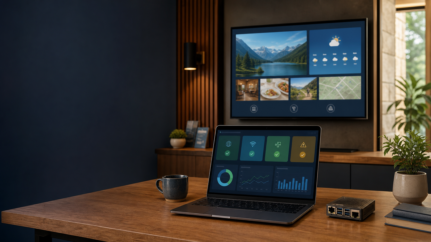 Laptop with a network dashboard beside a digital information display