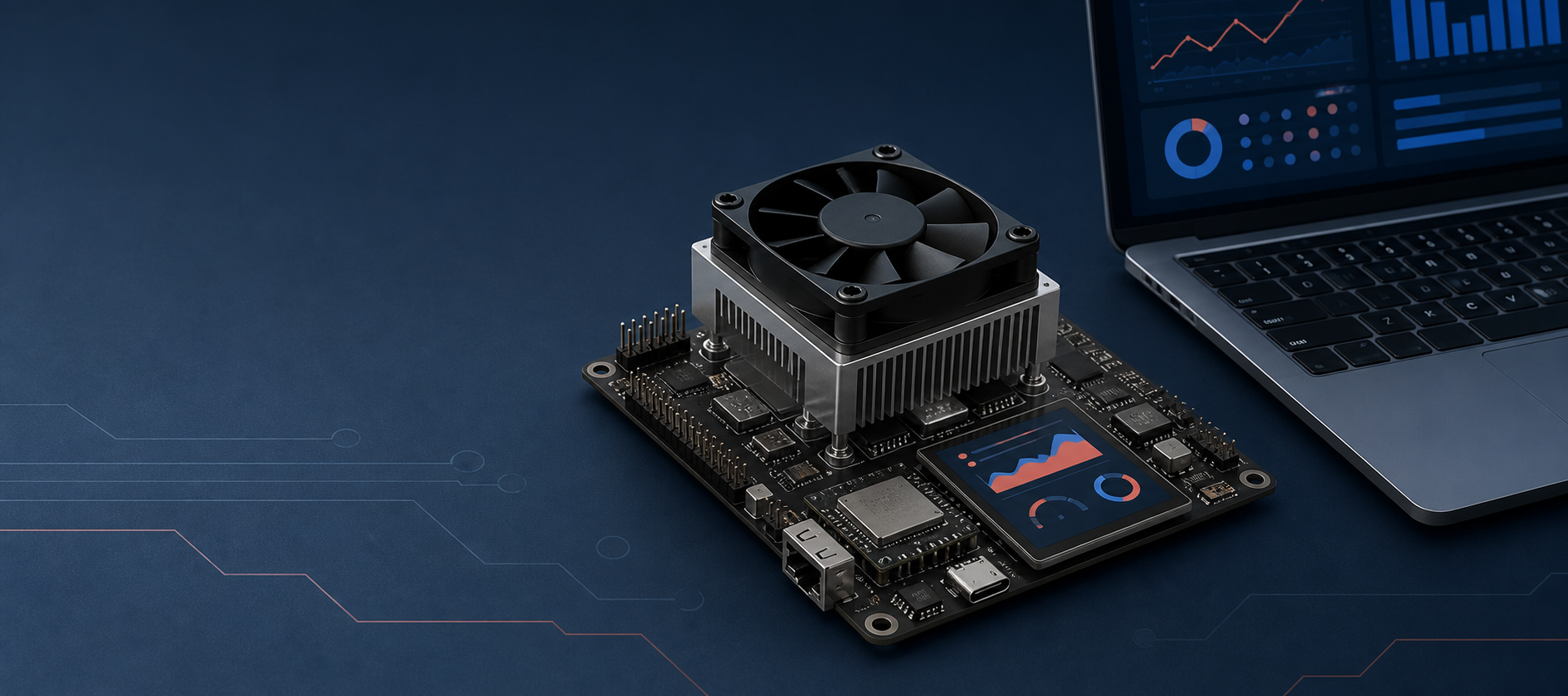 Conceptual open-source Bitcoin mining board and laptop dashboard illustrating BM1373 and ESP-Miner 2.15.0