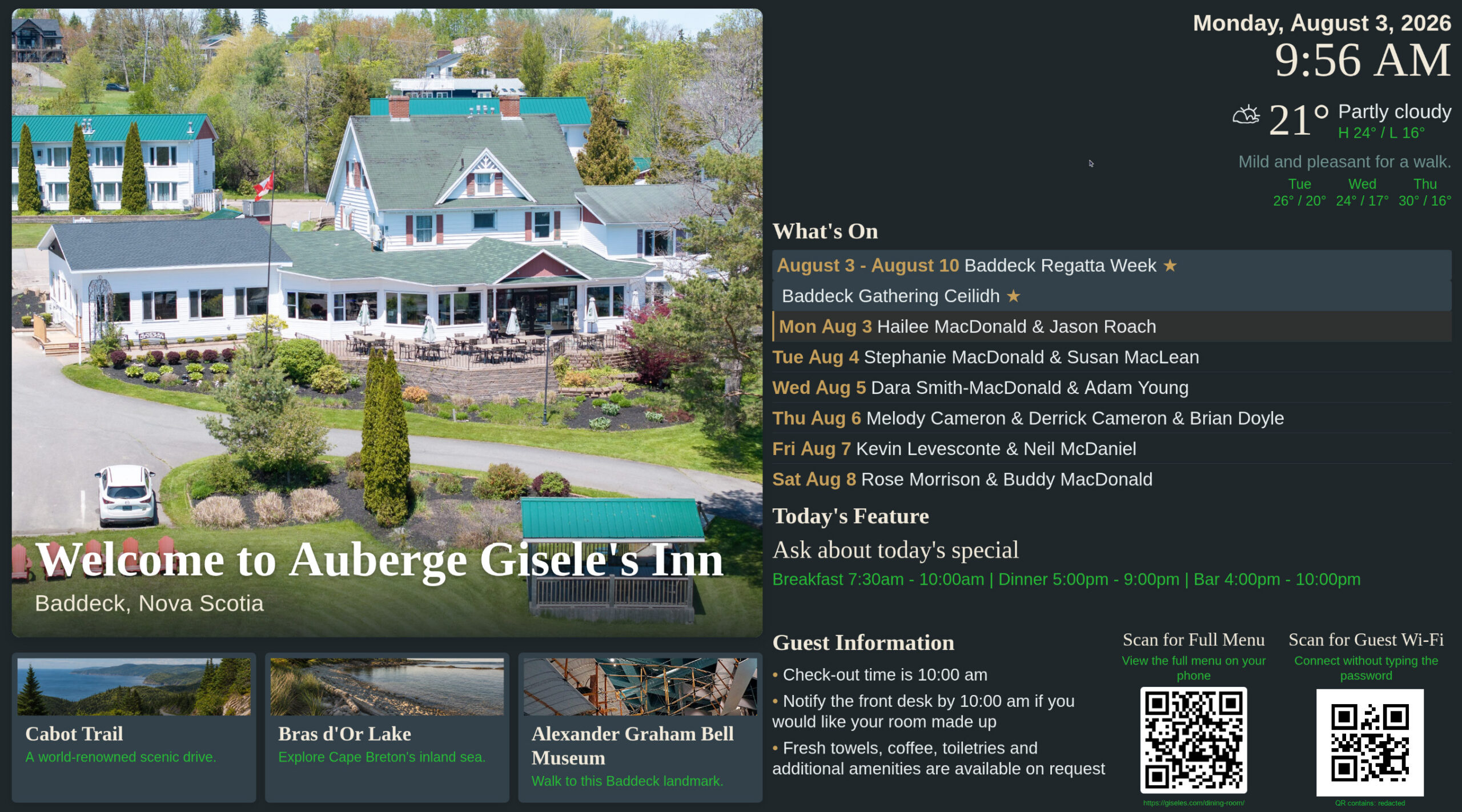 What a Local Lobby Display Changed at a Nova Scotia Inn 1 Open Lobby Board running at Gisele’s Inn in Baddeck, showing weather, events, guest information, and redacted example QR codes