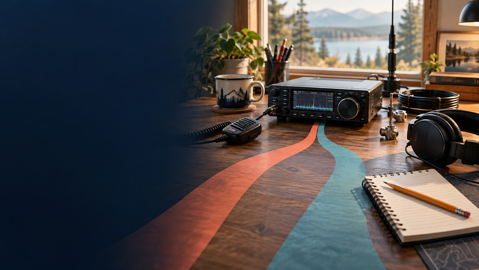 An amateur-radio station with two coloured paths converging at the transceiver
