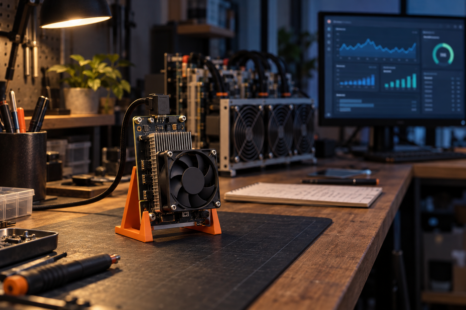 Bitaxe Community Update: AI, homeHash and Home Mining in a Museum 1 Illustrative open-frame home Bitcoin miner on an orange stand, with a larger miner and monitoring dashboard on a workbench.