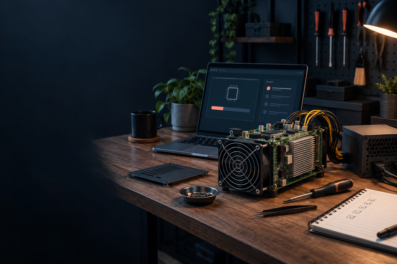 An open-source ASIC miner, laptop and preparation checklist on an electronics workbench