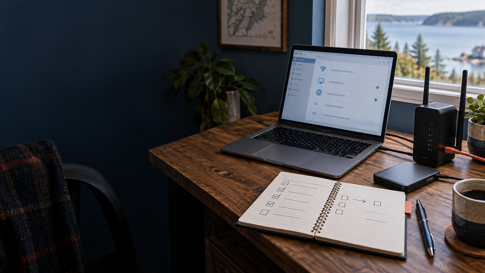 A home-office troubleshooting workspace with a laptop, router, backup drive and notebook checklist