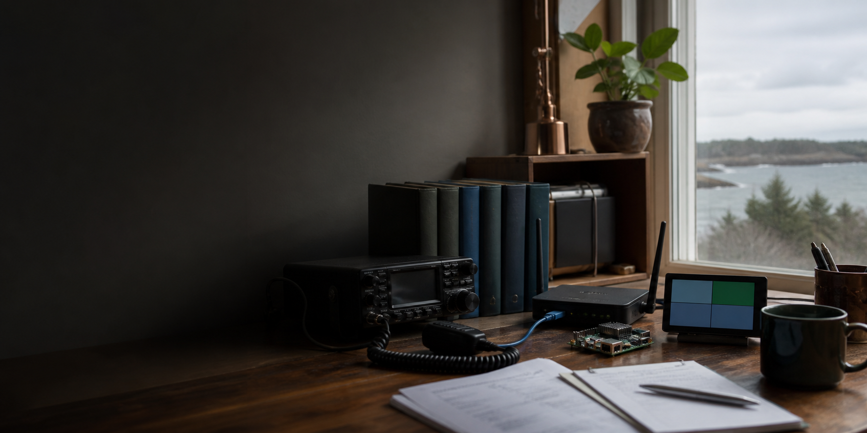Tartanleaf workspace overlooking the Cape Breton coast, with books, radio, networking equipment and open-source hardware