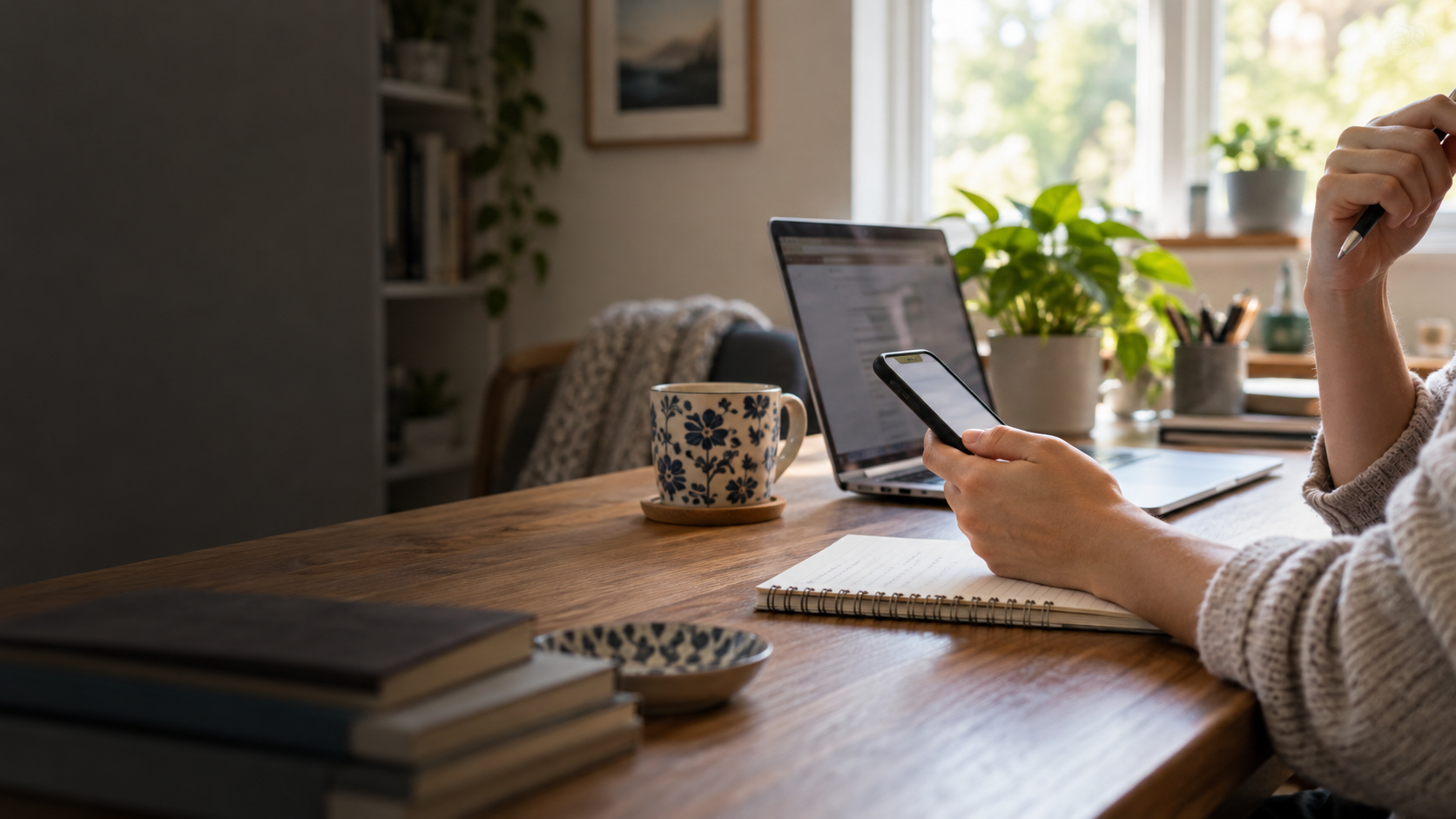 Smart Tech for Real People: Scam Safety 1 Person pausing to check a message on a phone at a home workspace, with a laptop and notepad nearby.